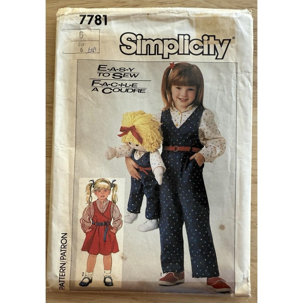 Simplicity 7781 Girl's Blouse, Jumper, Overalls & Doll Clothes Pattern Size 6 CC